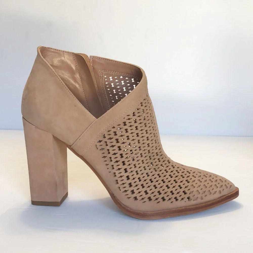 Vince Camuto Lorna Blush Side Asymmetrical Pointed Toe Block Heel Leather Boots
